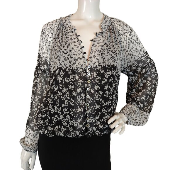 Joie Caillie Black & White Floral Chiffon Peasant Top Blouse Puff Sleeves V-Neck - Picture 5 of 13